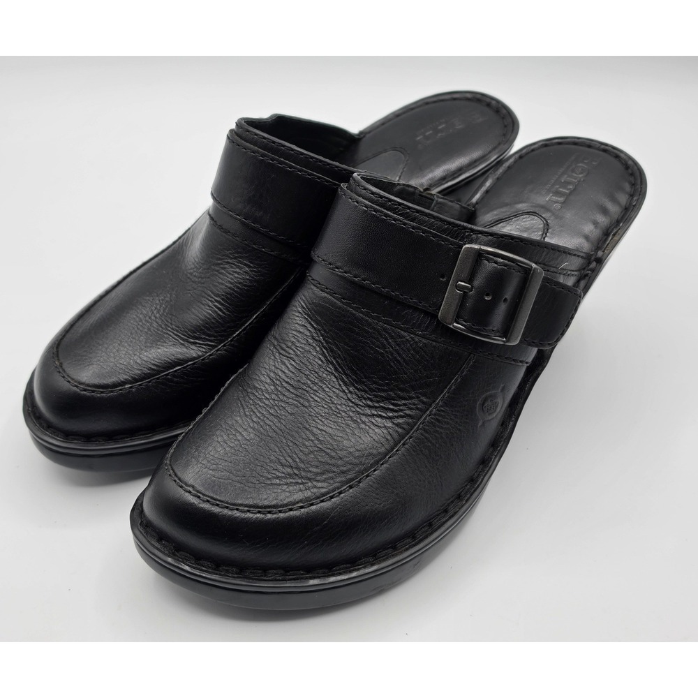 Born Clogs Womens 9 Black Excellent Leather Buckle Mules Cone Heel W31738
